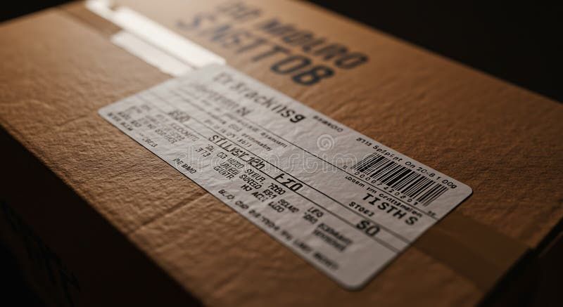 Nahaufnahme eines Versandaufklebers auf einem braunen Paket für den Warenversand.
